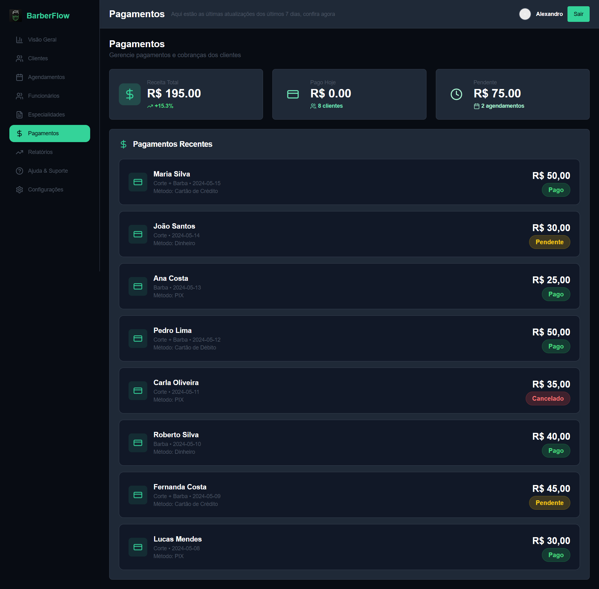 Sistema de Pagamentos BarberFlow